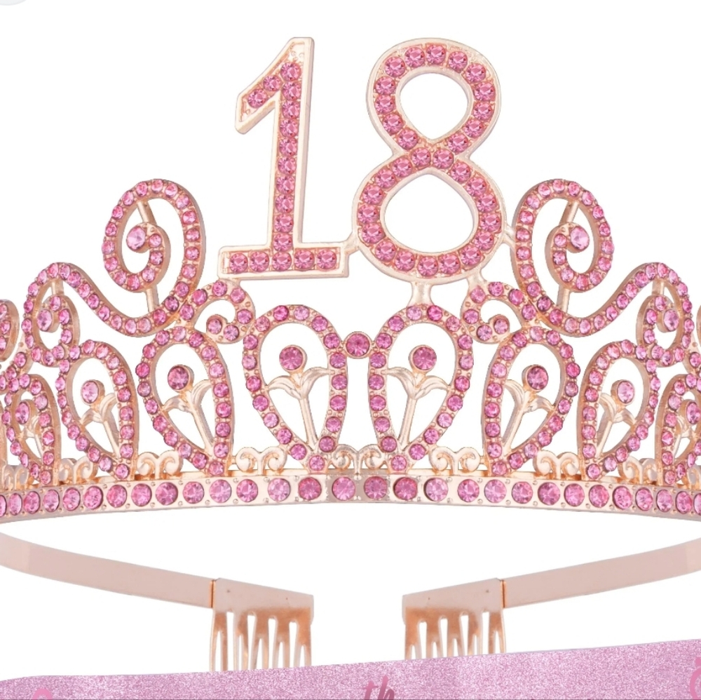 18th‎ Birthday Rose Golden Pink Rhinestone Crown Tiara + Earrings Set 18